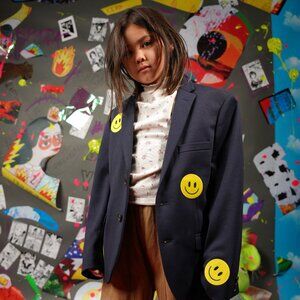 Upcycled Ralph Lauren Schoolboy Blazer XS – Navy Jacket with Emoji Patches